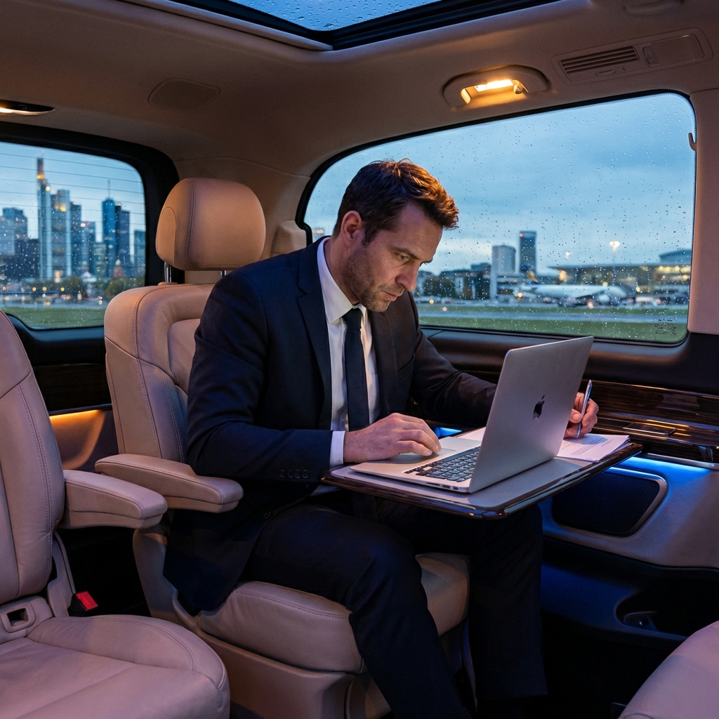 Business executive working on laptop in luxury airport transfer vehicle
