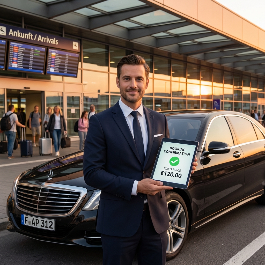 Chauffeur showing fixed price booking confirmation on tablet at airport