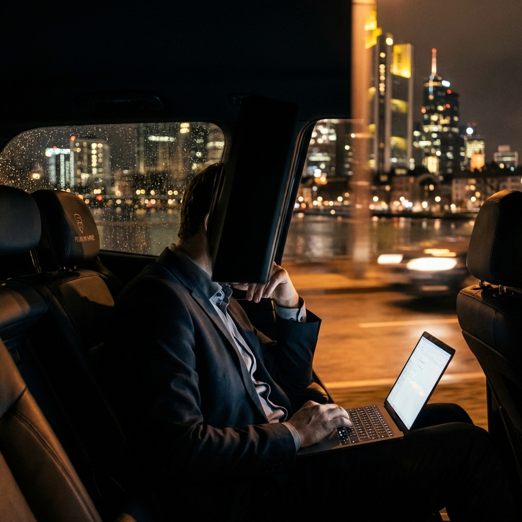 Business traveler working in luxury taxi at night in Frankfurt