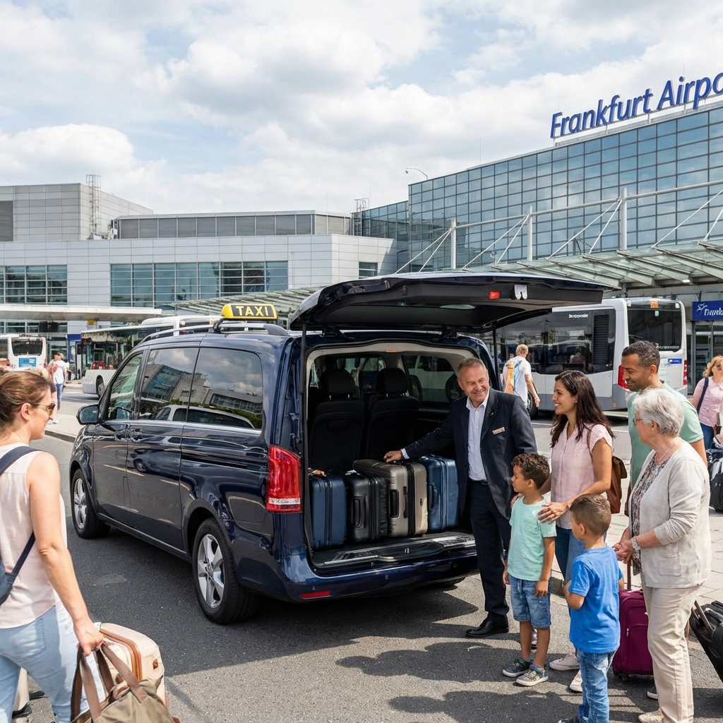 Taxi driver helping family with luggage at Frankfurt Airport