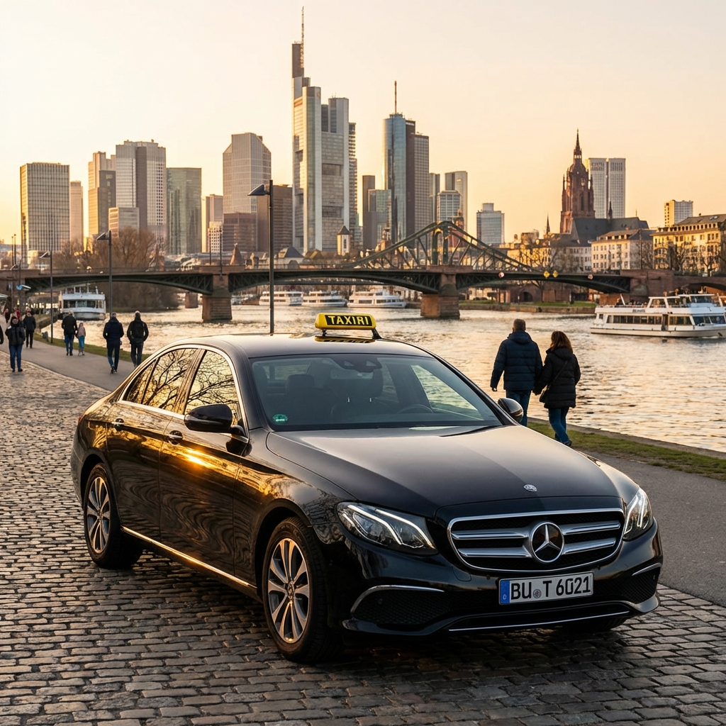 Black private hire Mercedes taxi parked near Frankfurt skyline