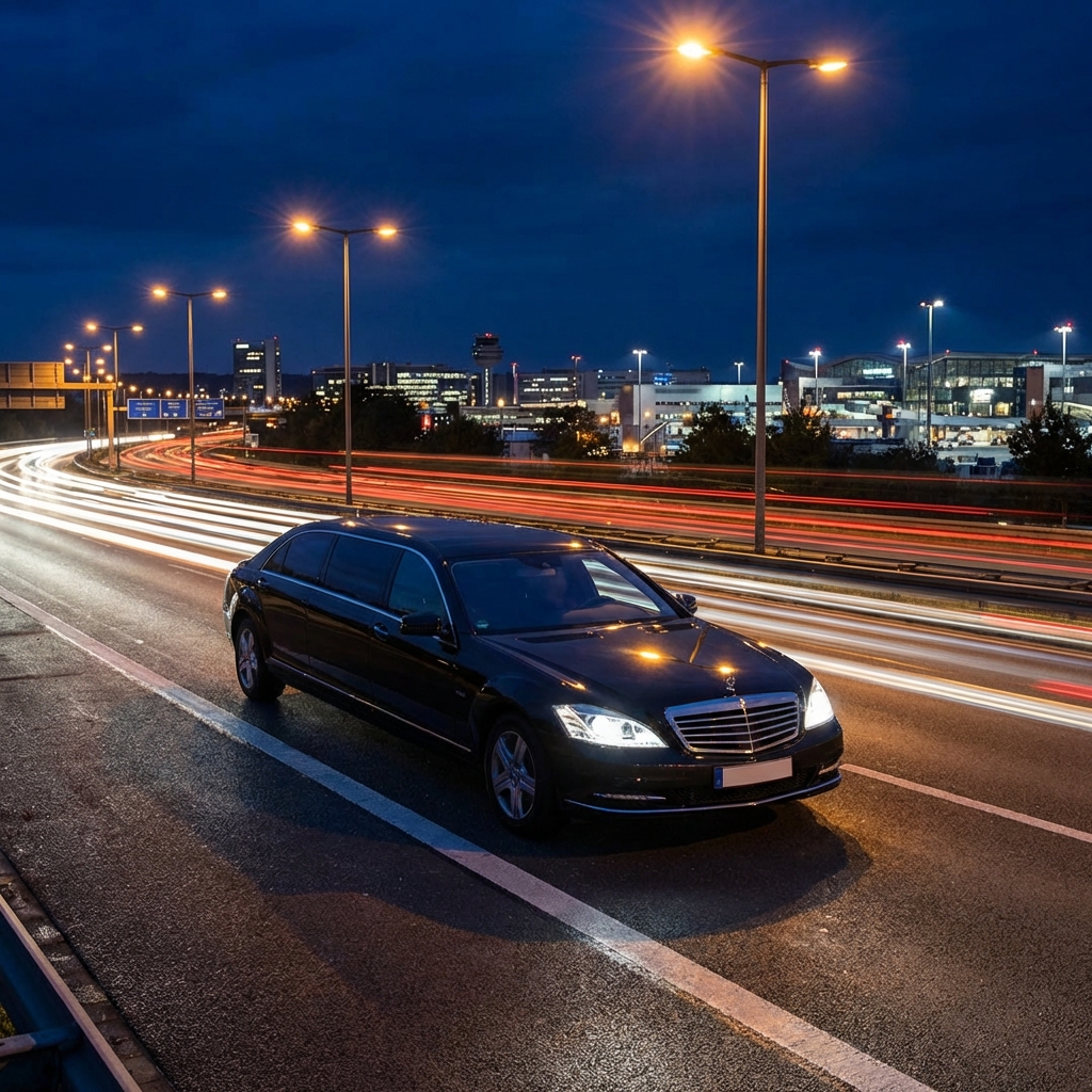 Luxury limousine driving on a well-lit German highway at night