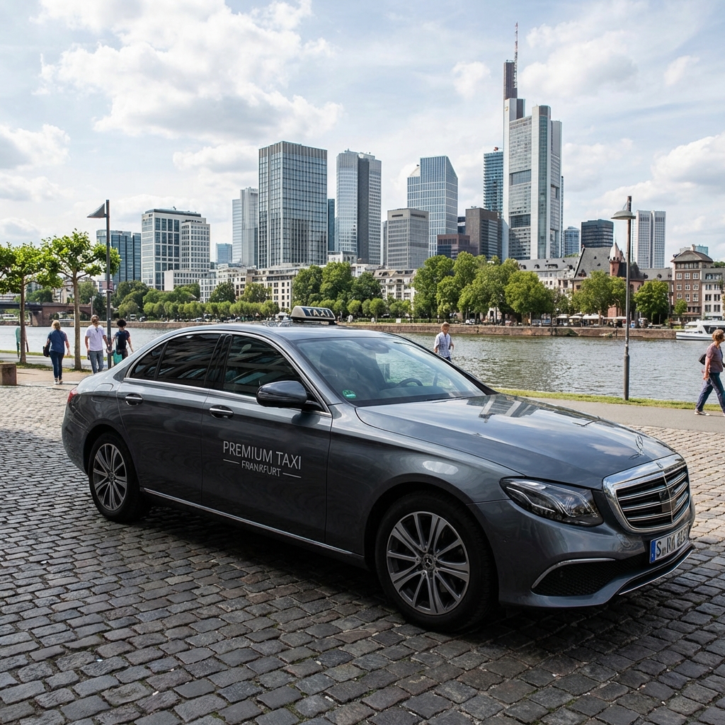 Side by side comparison of a beige German taxi and a premium black private hire vehicle in Frankfurt