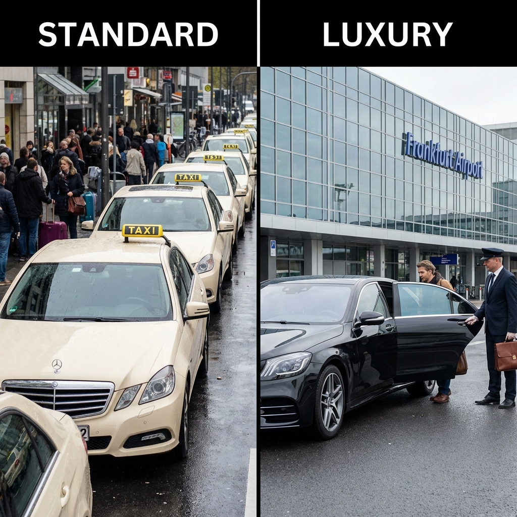Side by side comparison of a crowded taxi rank versus a luxury chauffeur service at Frankfurt Airport